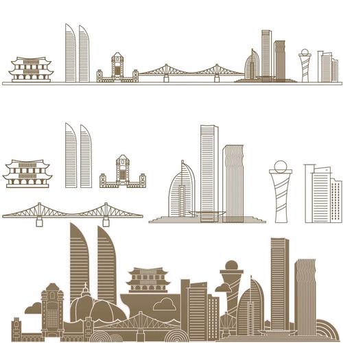 廈門福建地標志手繪插畫建筑剪影景點天際線條描稿城市設計素材